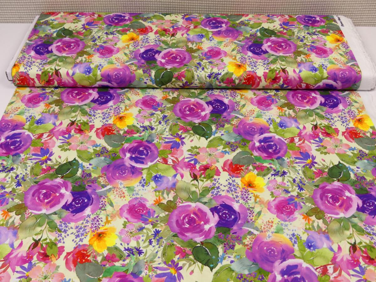 Patchworkstoff Clothworks Flowershop Rosen in lila Baumwolle
